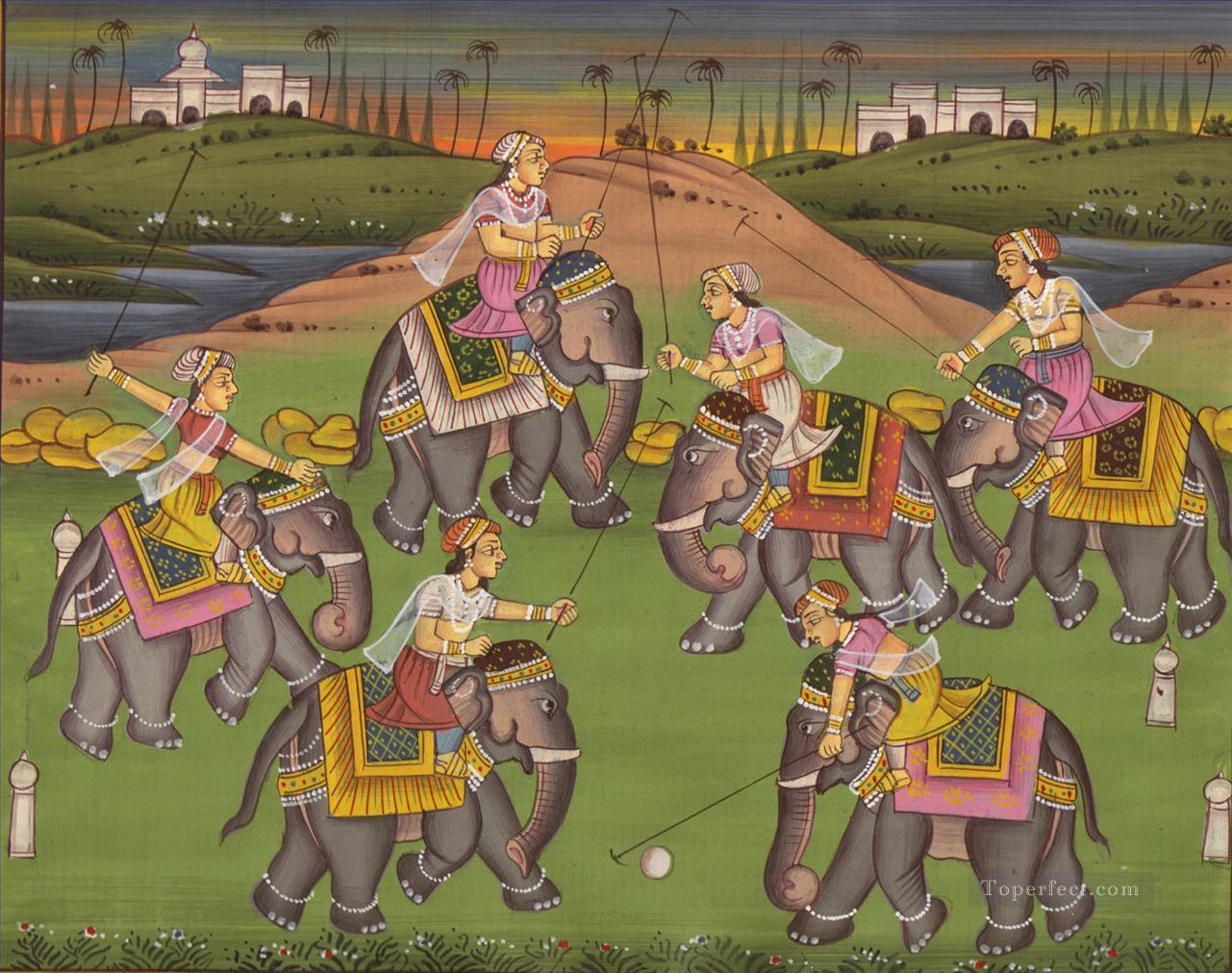 象に乗ってボール遊びをするインドの女性油絵